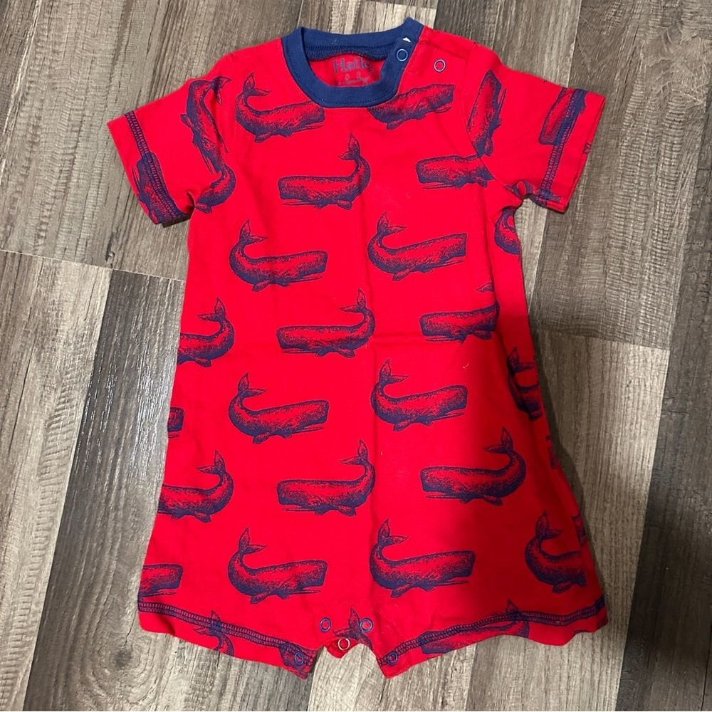 Hatley Red and Blue Baby Whale Print Romper 9-12 mo.